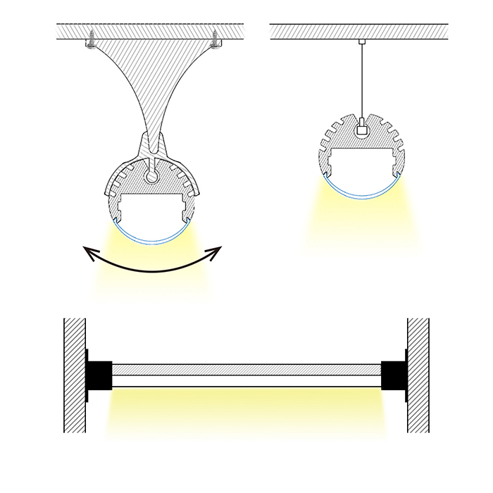 Round Suspended LED Aluminum Profile Channel For 12mm Flexible LED Strip Lights